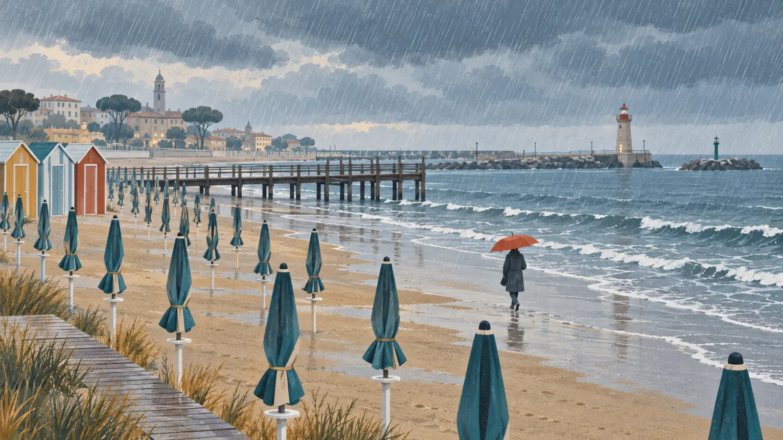 Una spiaggia della riviera sotto la pioggia d'autunno, in un'illustrazione.