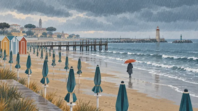 Una spiaggia della riviera sotto la pioggia d'autunno, in un'illustrazione.