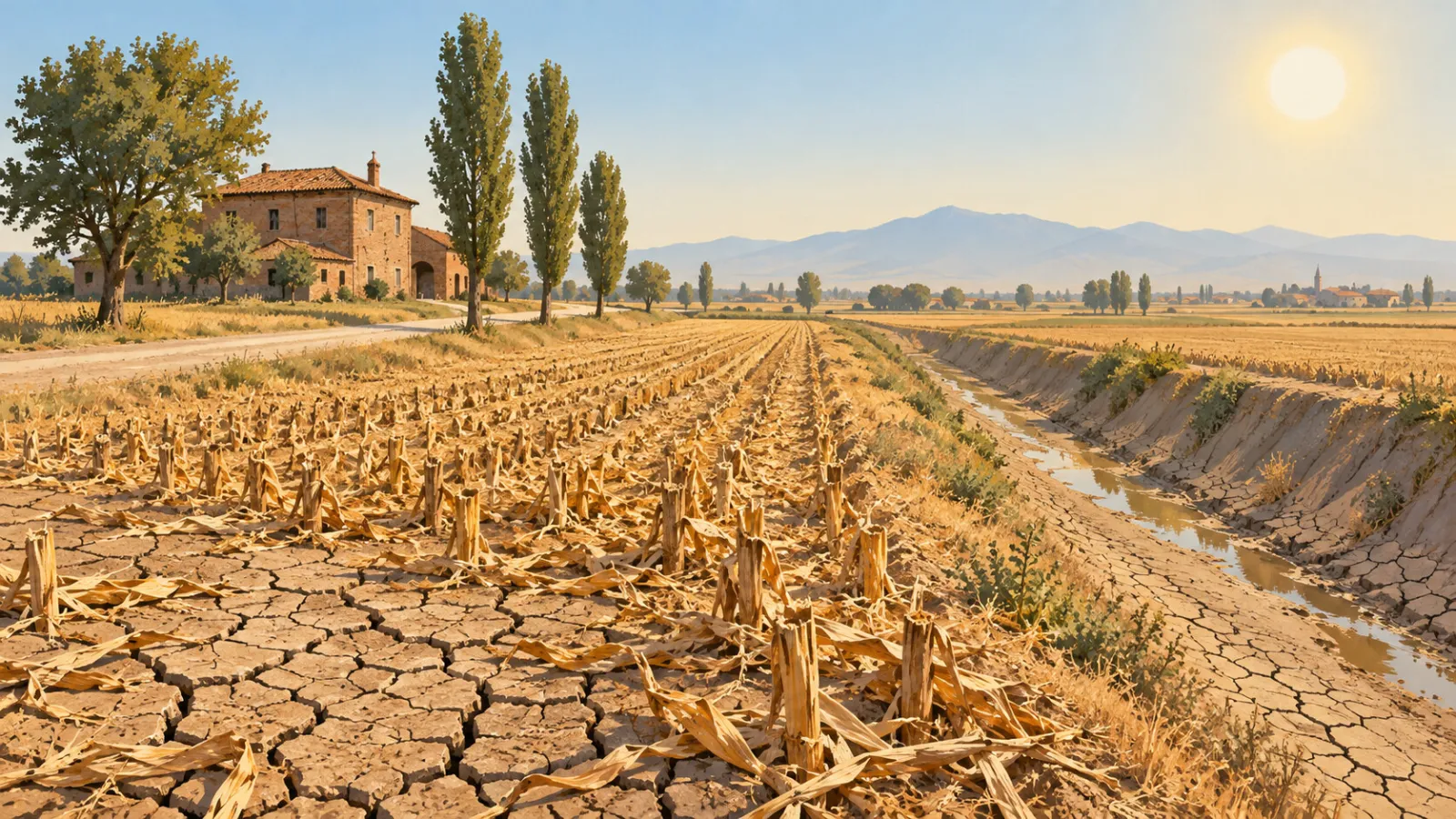 La pianura a fine estate, dopo settimane senza pioggia, in un'illustrazione.