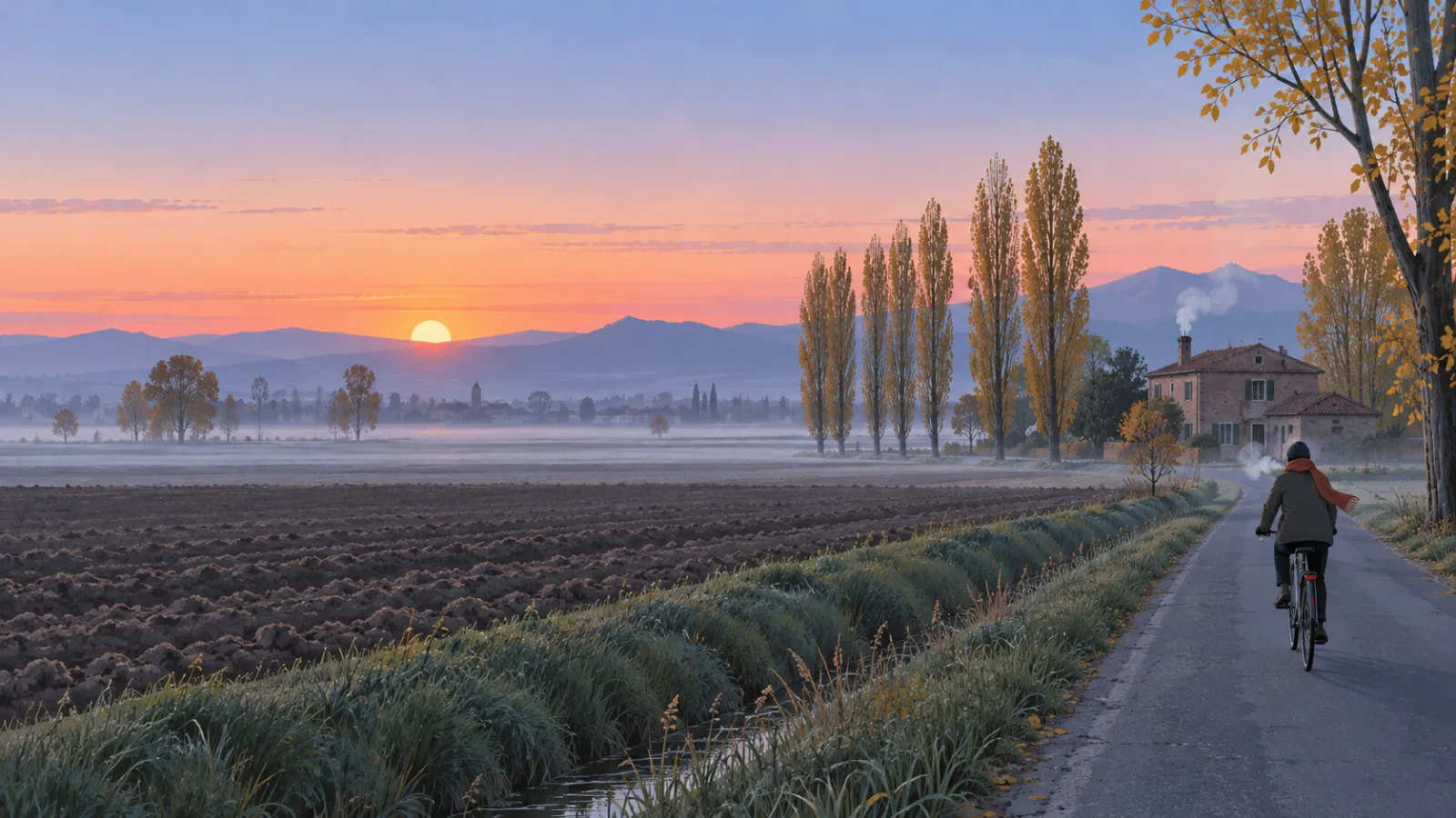 Un'alba d'autunno nella campagna di pianura, in un'illustrazione.