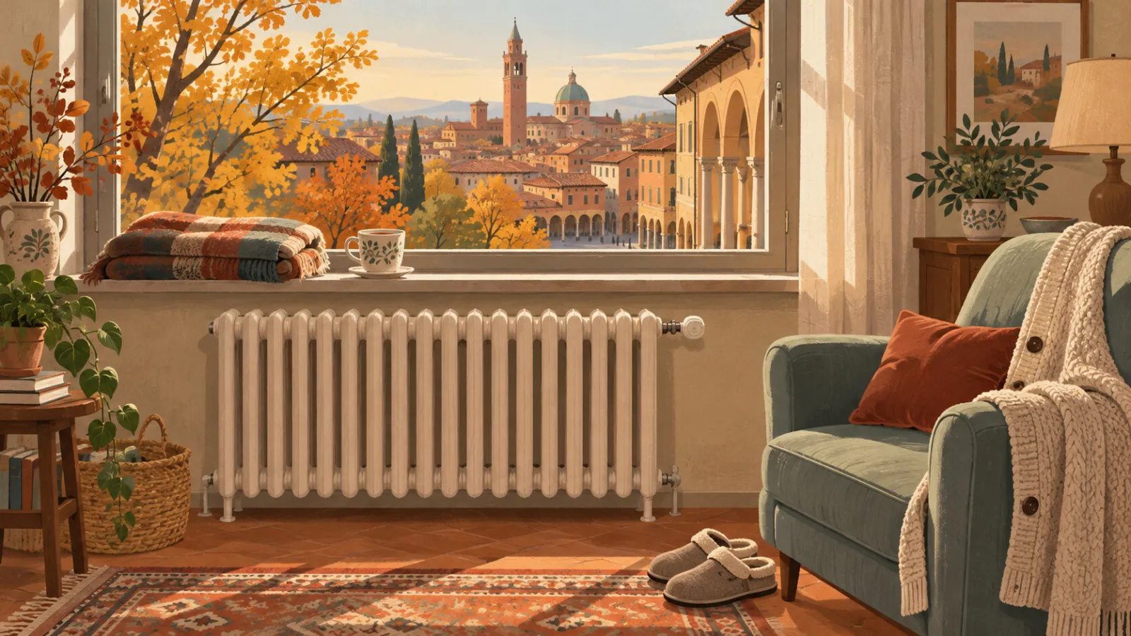 Un termosifone ancora spento in un pomeriggio d'autunno, in un'illustrazione.