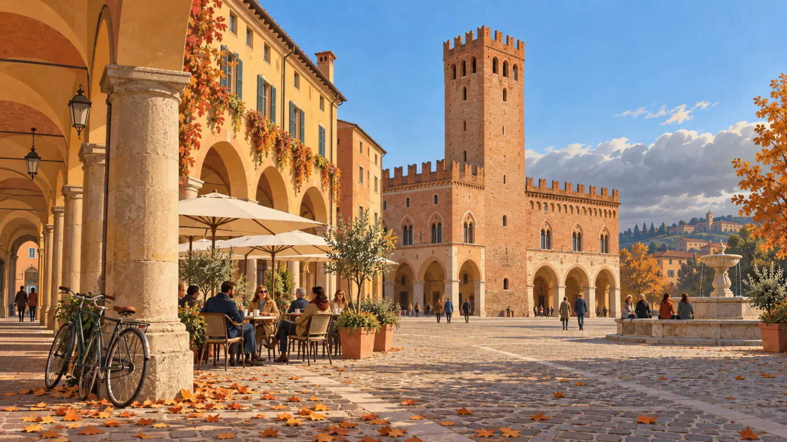 Un pomeriggio di sole d'ottobre in una piazza emiliana, in un'illustrazione.