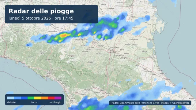 Le piogge sull'Emilia-Romagna viste dal radar alle 17:45 di lunedì 5 ottobre 2026.